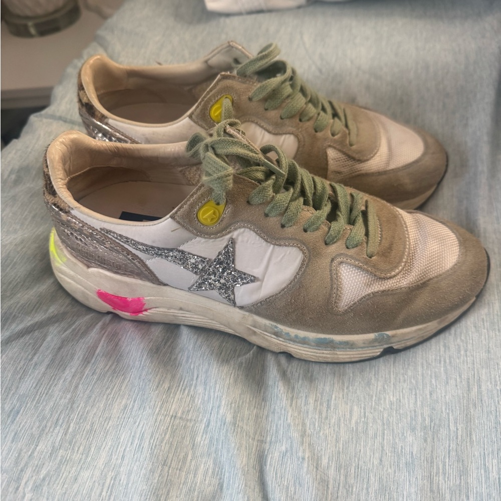 Golden Goose Beige and Silver Star Sneakers